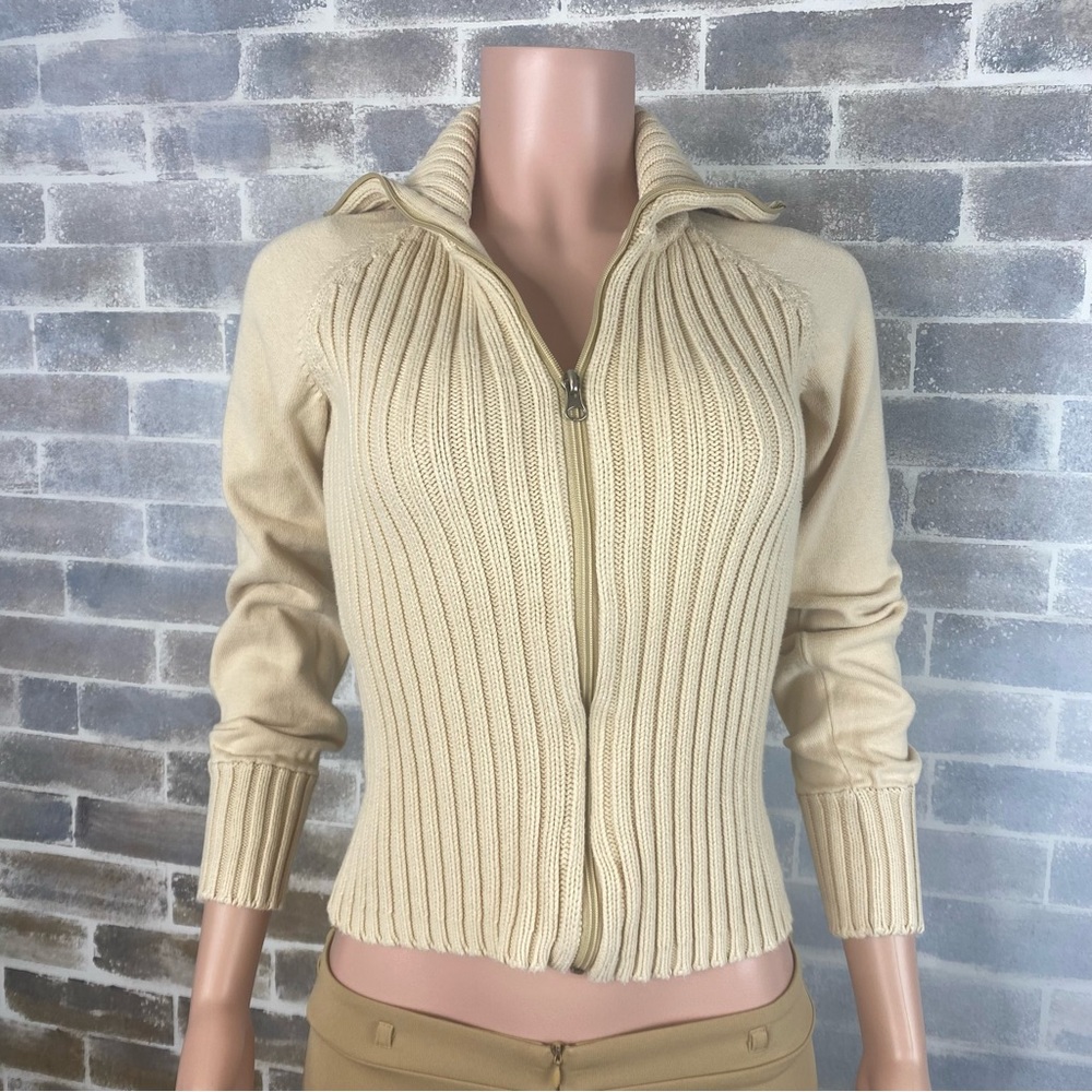 High Collar Zip Up Fitted Ribbed Sweater by Arizona Jean Co. Tan Color Size M